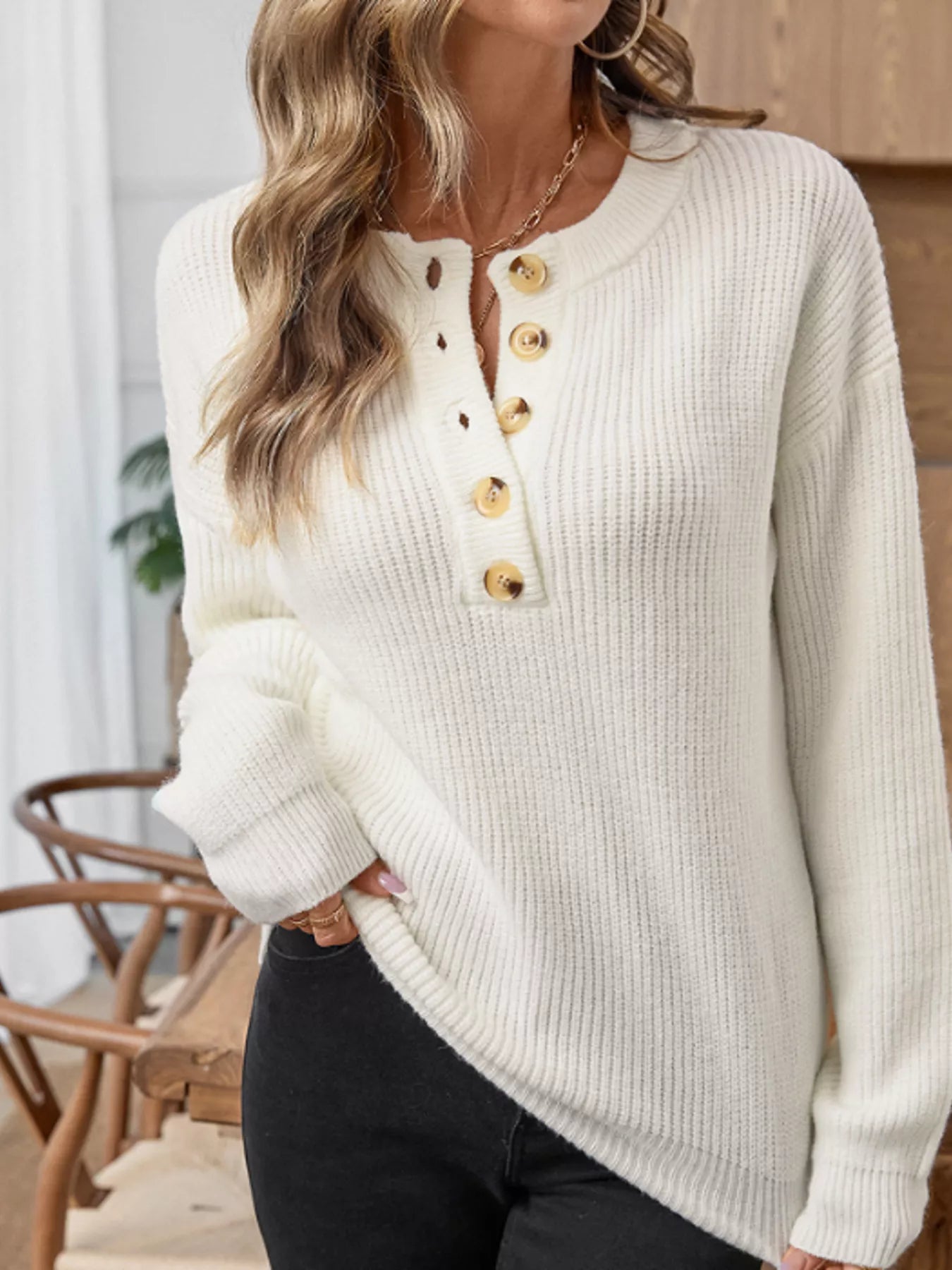 Button Detail Long Sleeve Sweater Beige Easy Apparels