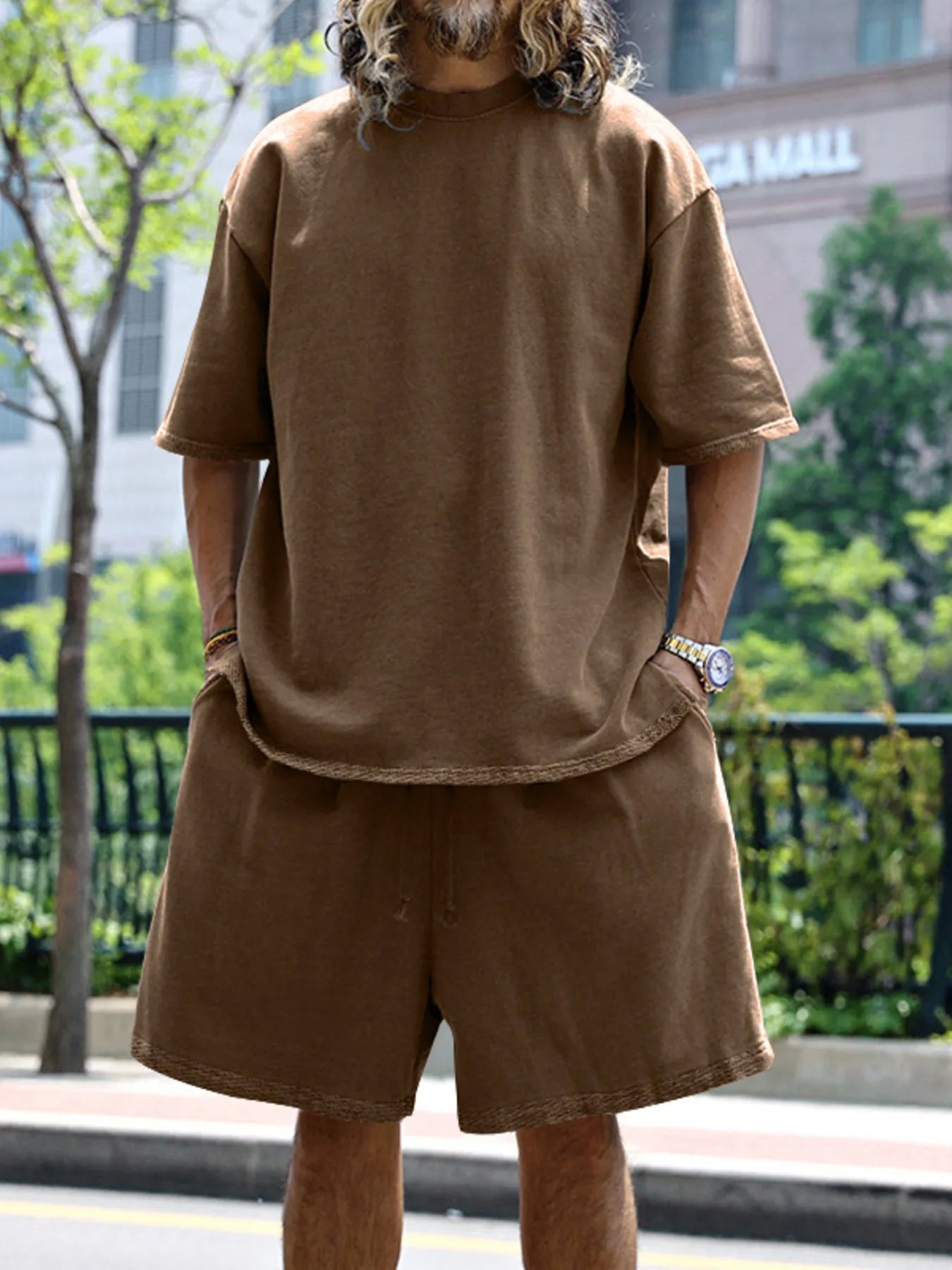 Men's Full Size Round Neck Short Sleeve Top and Shorts Set Plus Size Dark Brown Easy Apparels