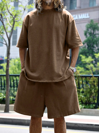 Men's Full Size Round Neck Short Sleeve Top and Shorts Set Plus Size Dark Brown Easy Apparels