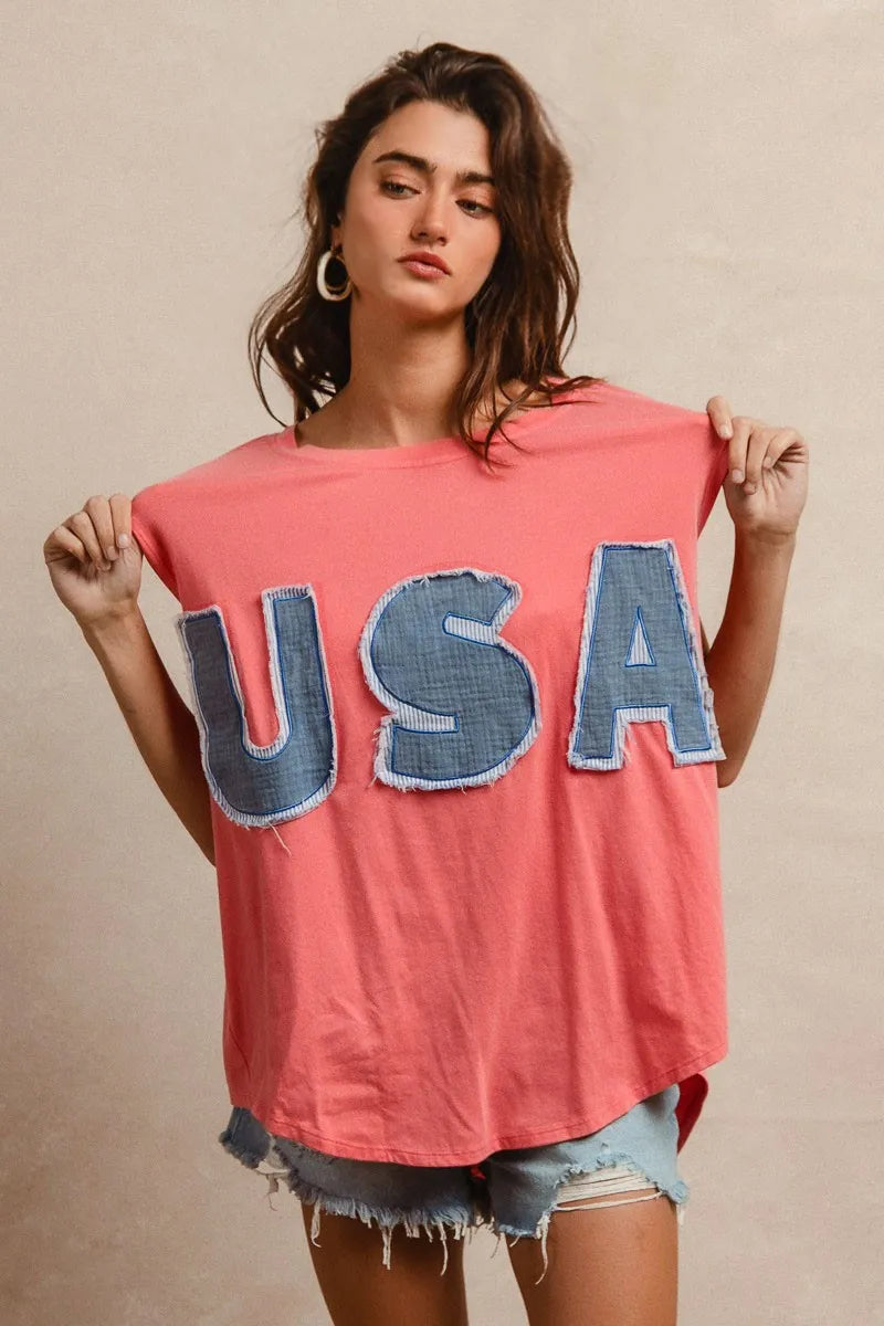 Trendsi BiBi Washed Jersey With Usa Patched Raw Cut Edge Detail