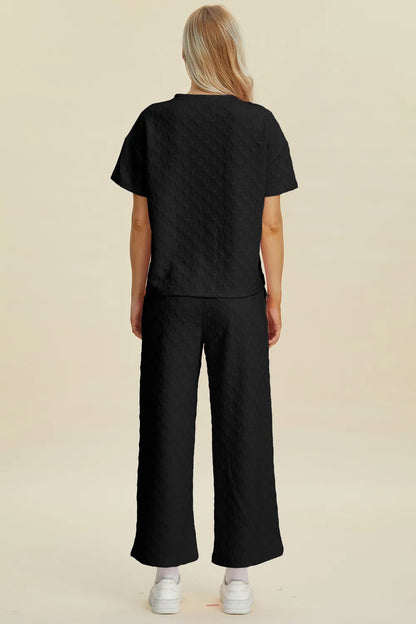 Double Take Full Size Texture Round Neck Short Sleeve Top and Pants Set Easy Apparels