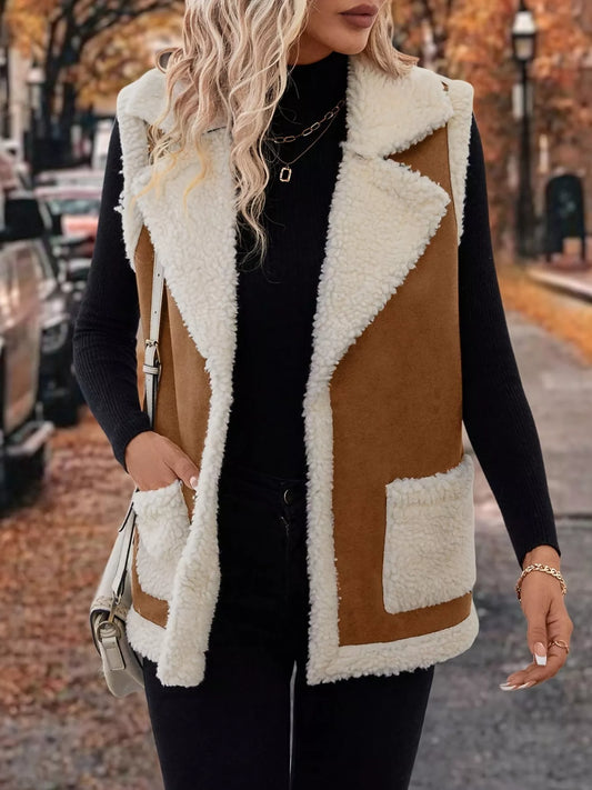 Open Front Vest Coat with Pockets Camel Easy Apparels