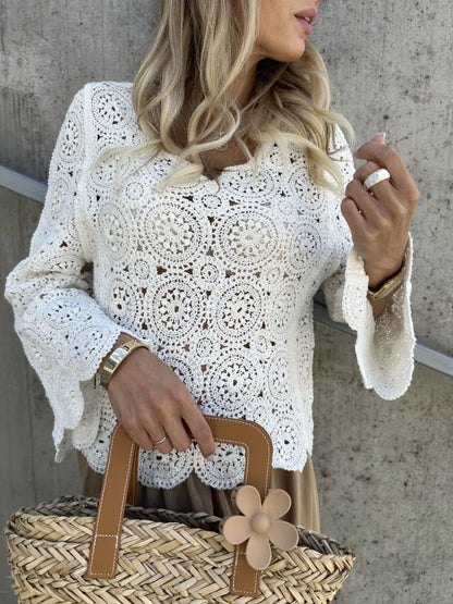Trendsi Crochet Lace V-Neck Bell Sleeve Knit Top White One Size