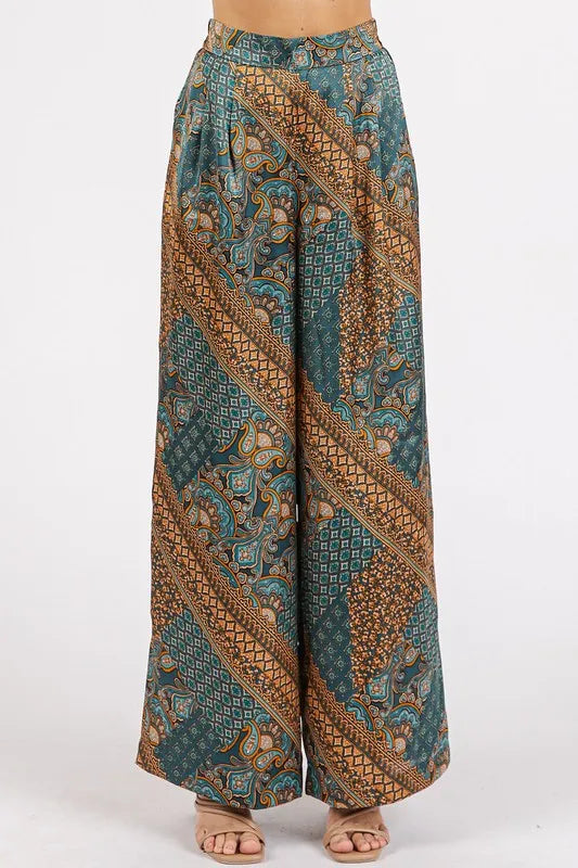 Mittoshop Paisley Patchwork Print Satin Wide Leg Pants Teal Green Easy Apparels