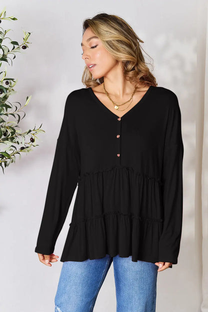 Trendsi Double Take Half Button Long Sleeve Ruffle Hem Blouse