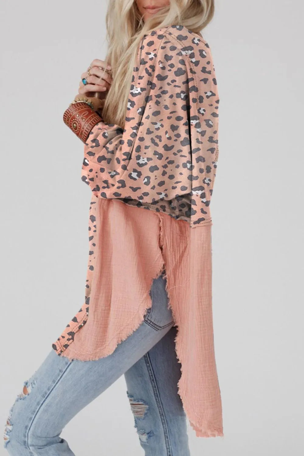 Trendsi Textured Leopard Dropped Shoulder Blouse