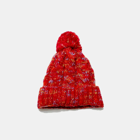 Contrast Cable-Knit Hat with Pompom Deep Red One Size Easy Apparels