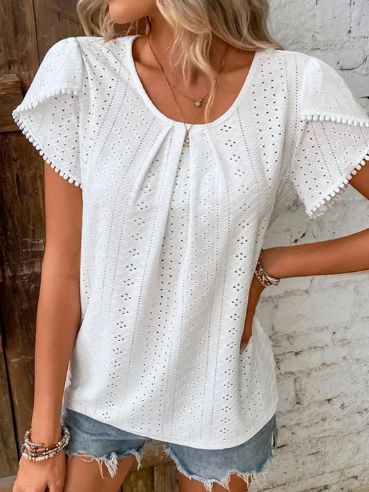 Trendsi Eyelet Petal Sleeve Top with Pom Pom Trim White