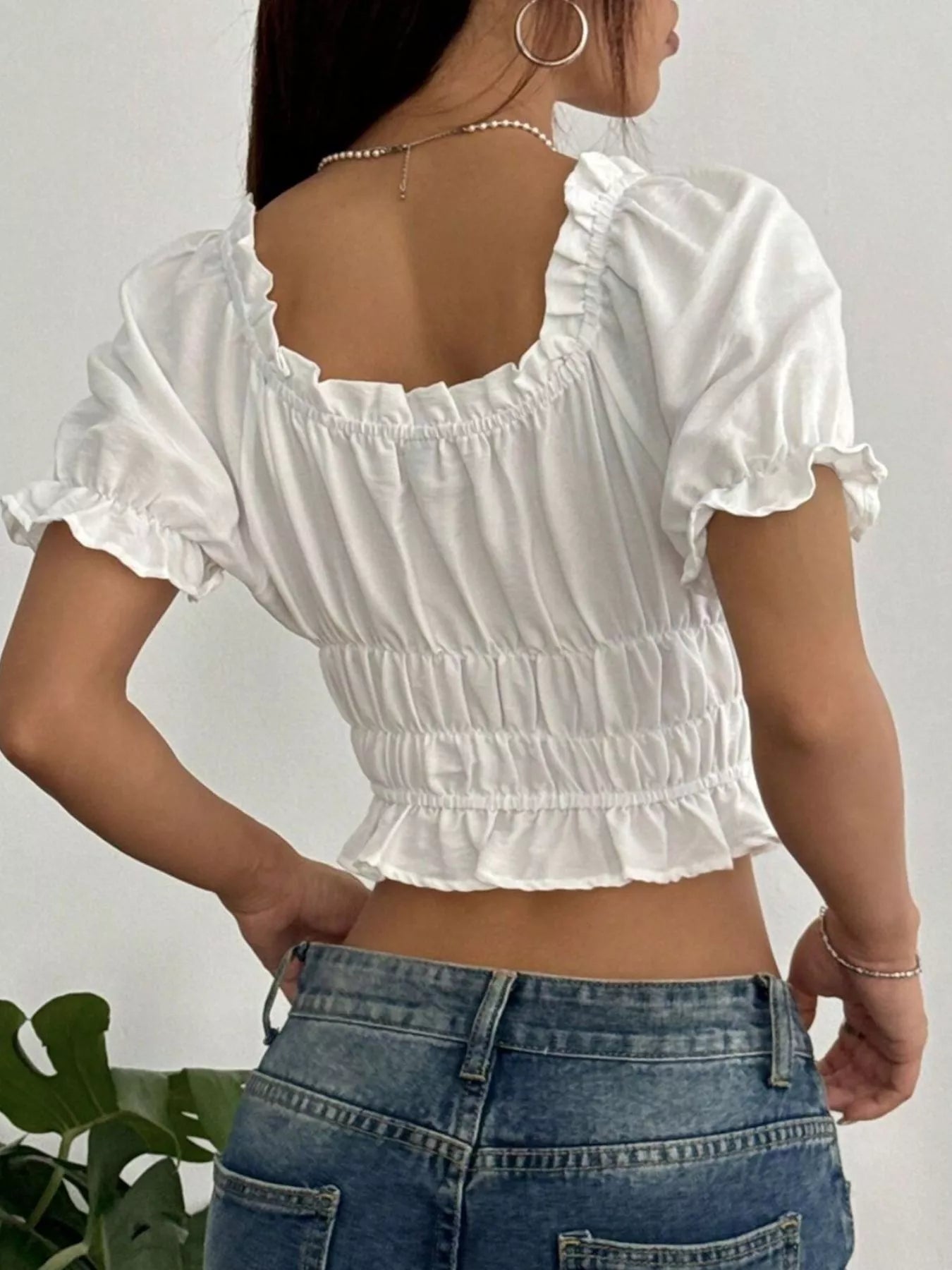 Frill Ruffled Hem Puff Sleeve Crop Blouse Easy Apparels