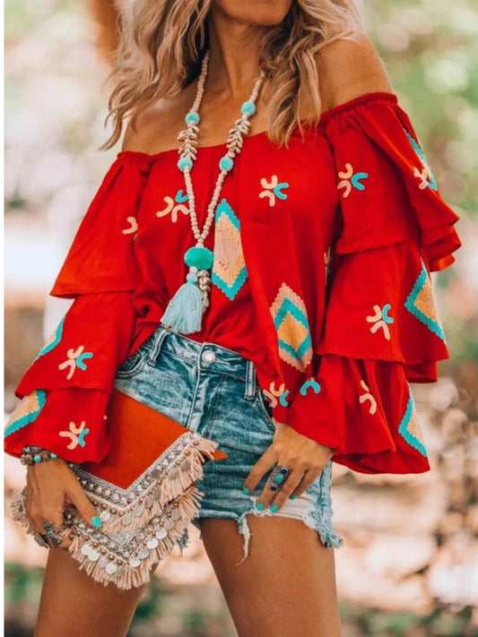 Trendsi Full Size Off-Shoulder Layered Sleeve Blouse Plus Size Deep Red