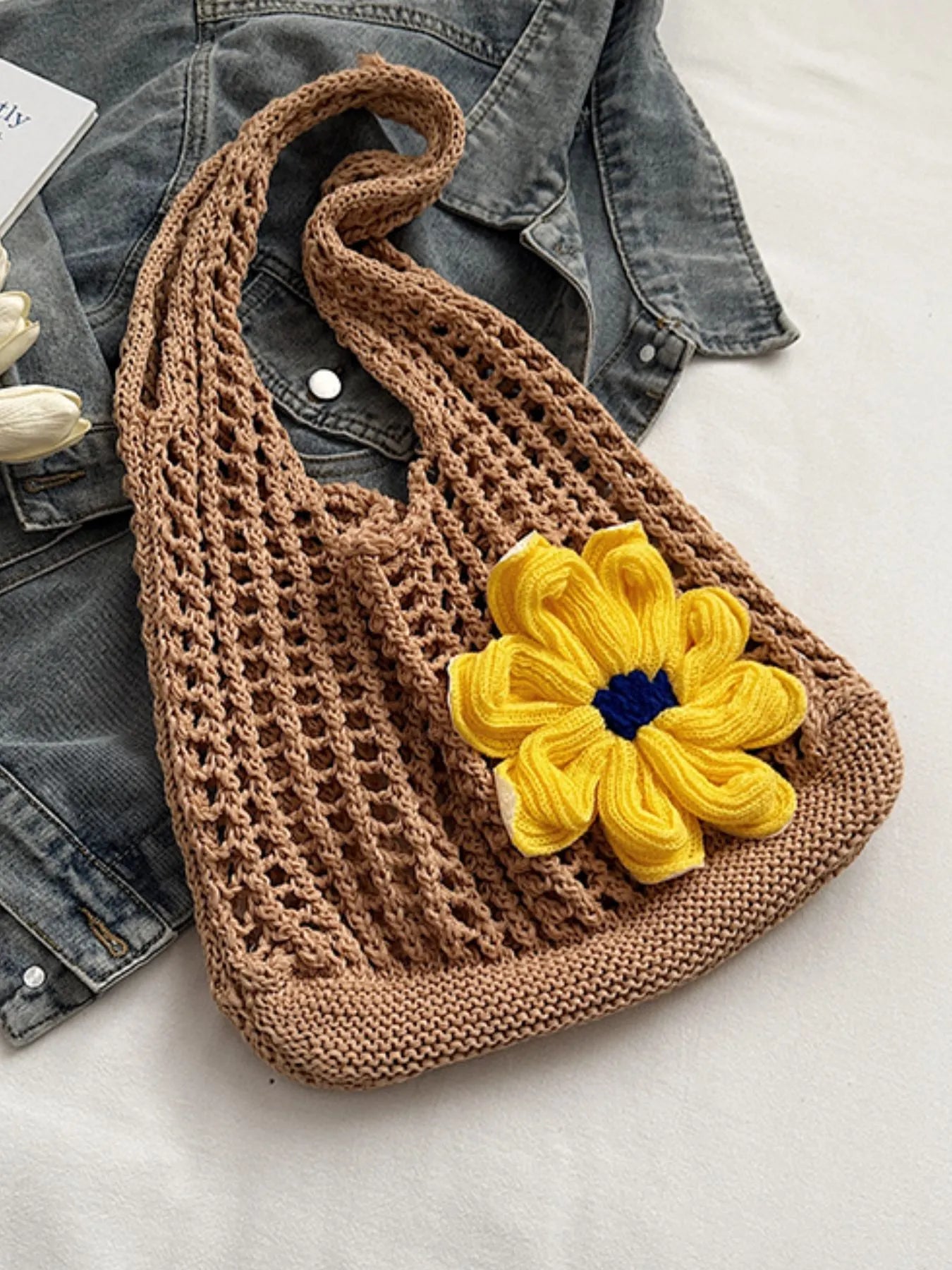 Flower Crochet Shoulder Bag Khaki onesize Easy Apparels
