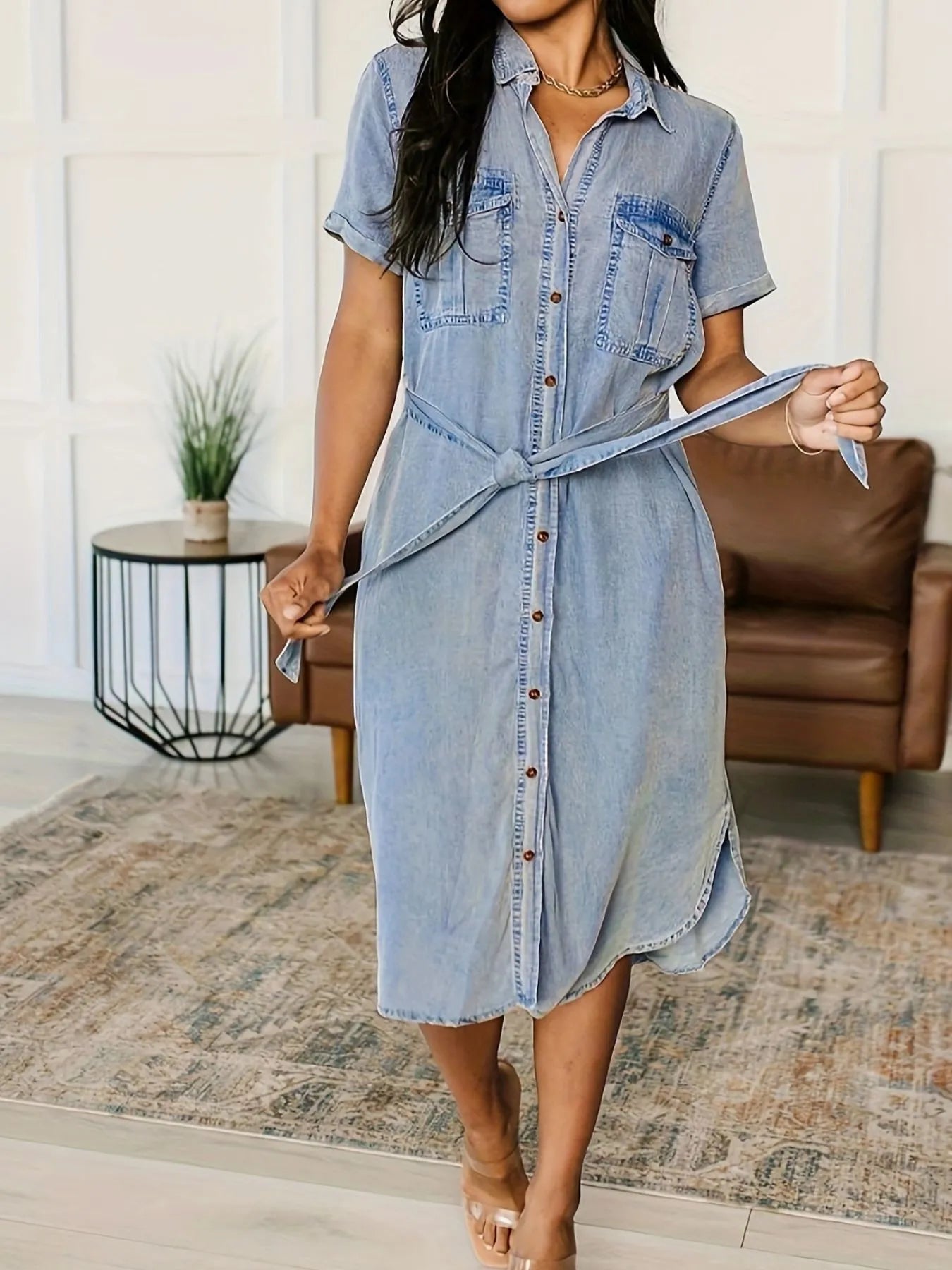 Button Front Short Sleeve Denim Dress Easy Apparels