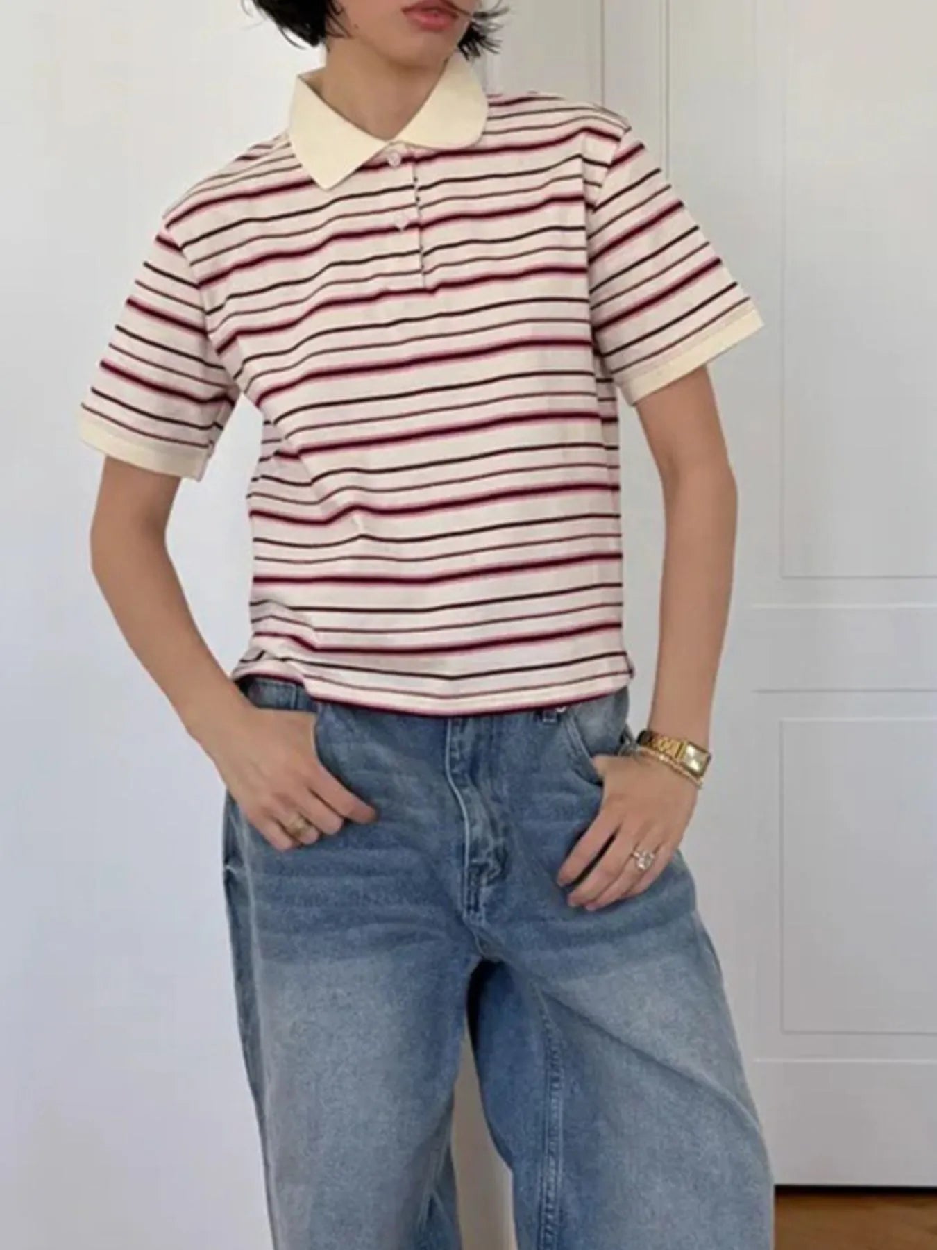 Trendsi Striped Polo T-Shirt with Contrast Collar
