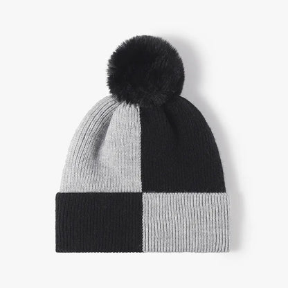 Color Block Knit Hat with Pom-pom Black One Size Easy Apparels