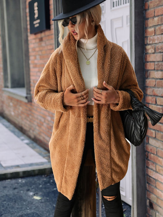 Open Front Hooded Teddy Coat Caramel Easy Apparels
