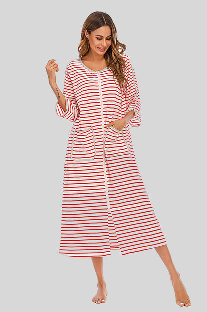 Round Neck Three-Quarter Sleeve Midi Night Dress Red Easy Apparels