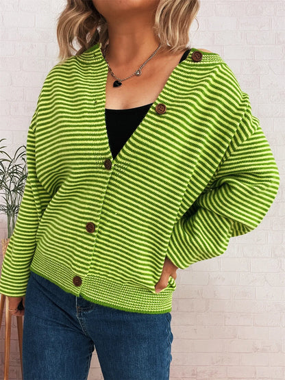 Striped Button Up Long Sleeve Cardigan Easy Apparels
