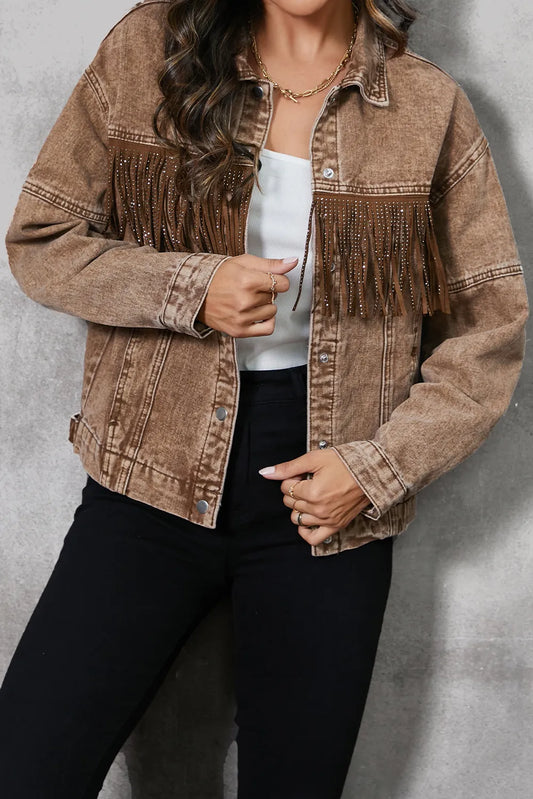 Fringe Trim Snap Down Denim Jacket Taupe Easy Apparels