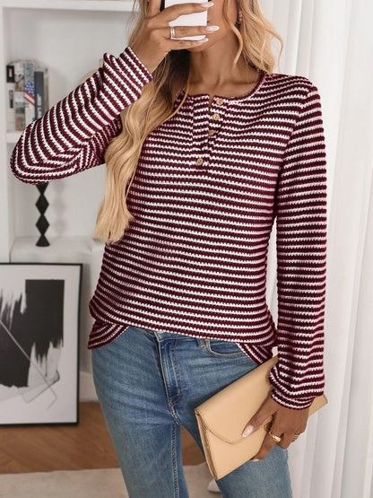 Trendsi Striped Button Detail Long Sleeve Top