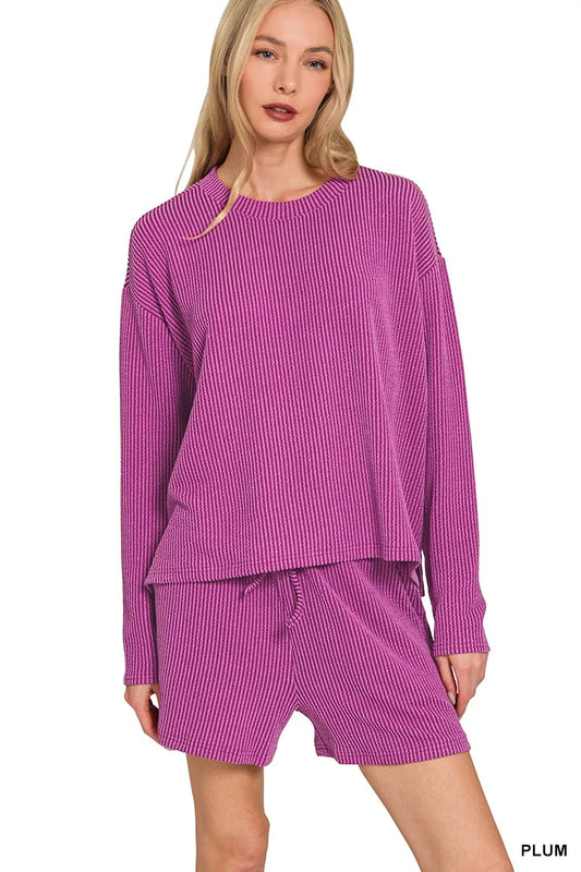Zenana Corded Rib Long Sleeve Tee and Shorts Set PLUM Easy Apparels