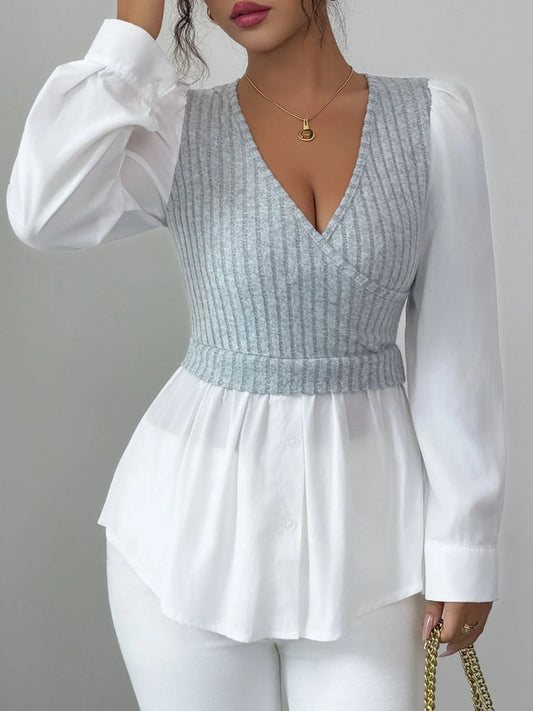 Trendsi Ribbed Knit Splicing Contrast Long Sleeve Blouse Gray