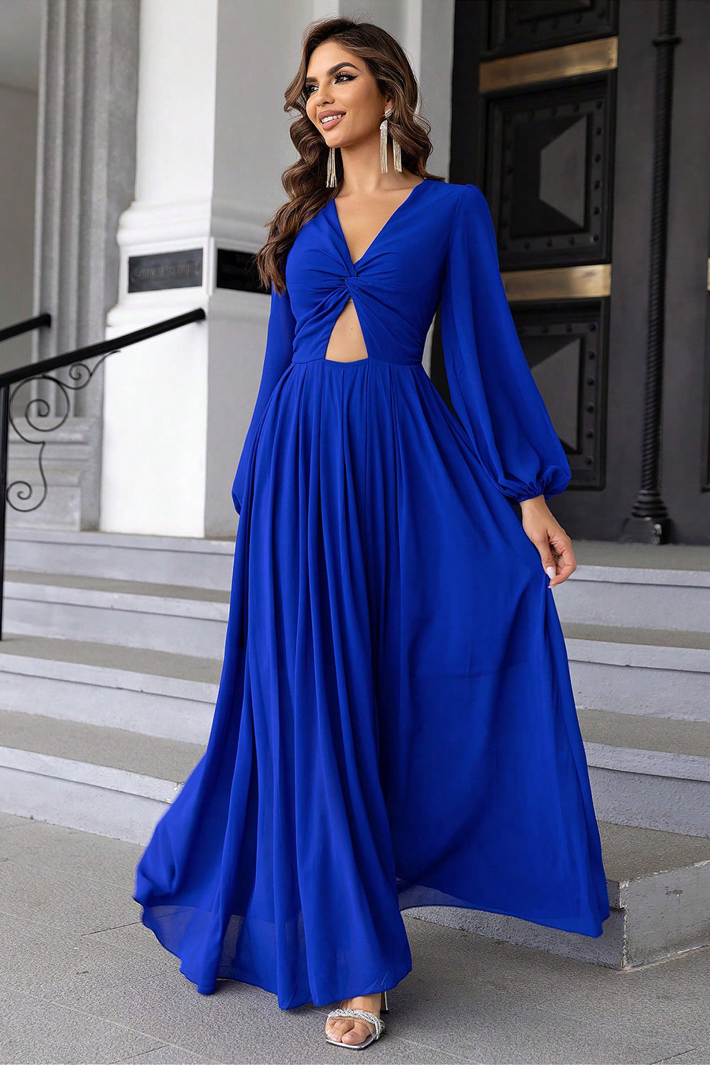 Twist Front Cutout Long Sleeve Dress Easy Apparels