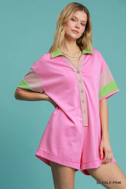 Umgee Contrast Trim Button Front Romper BUBBLE PINK Easy Apparels