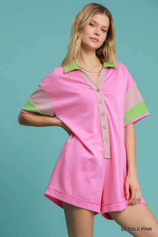 Umgee Contrast Trim Button Front Romper BUBBLE PINK Easy Apparels