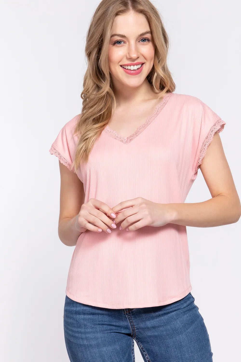 Trendsi ACTIVE BASIC Lace Trim V-Neck Short Sleeve Ribbed Top PINK
