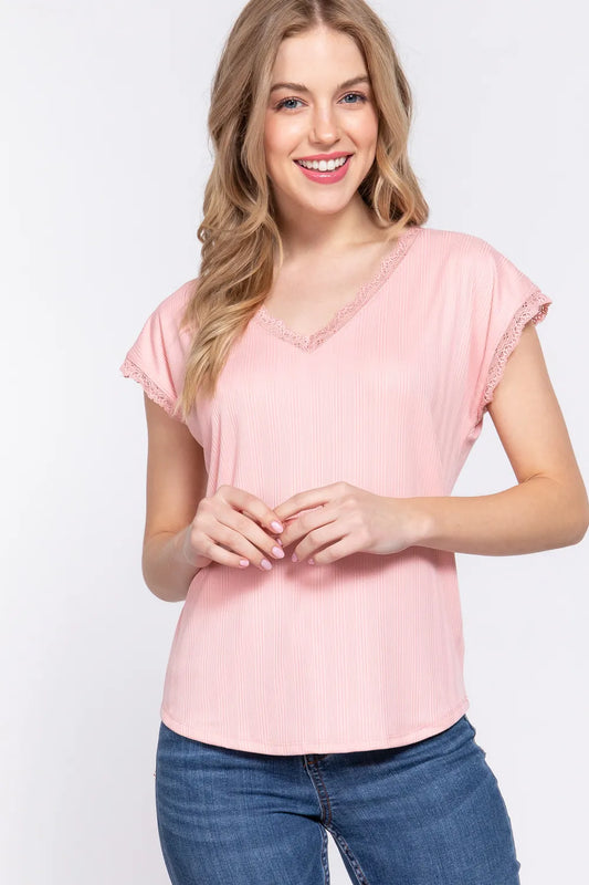 Trendsi ACTIVE BASIC Lace Trim V-Neck Short Sleeve Ribbed Top PINK