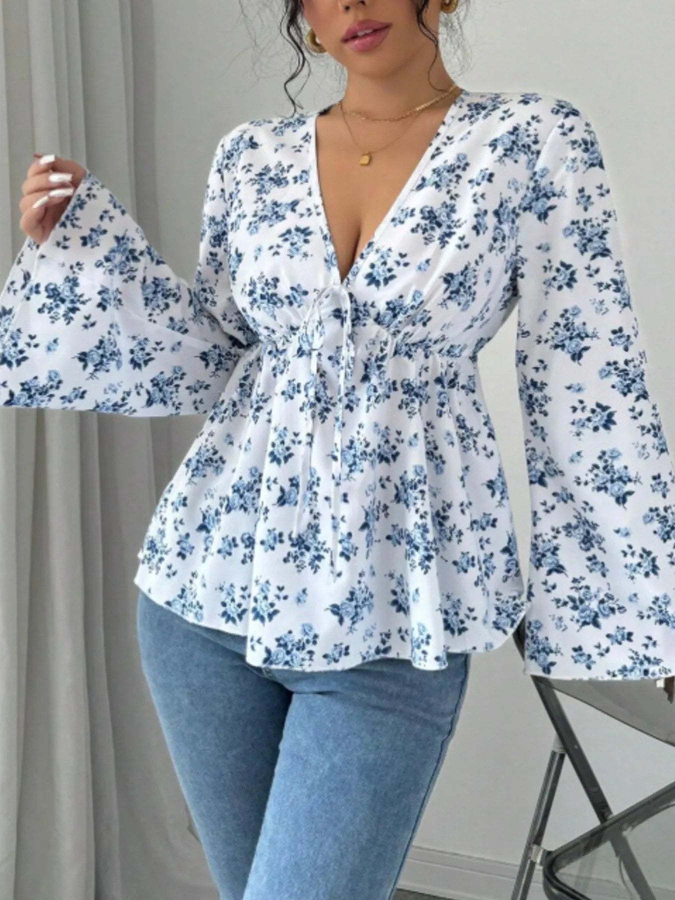 Trendsi Floral Print V-Neck Long Sleeve Blouse Blue