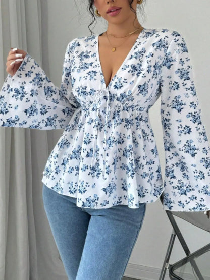 Trendsi Floral Print V-Neck Long Sleeve Blouse Blue