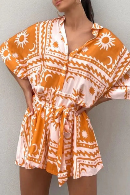Printed Tie Waist Romper Easy Apparels