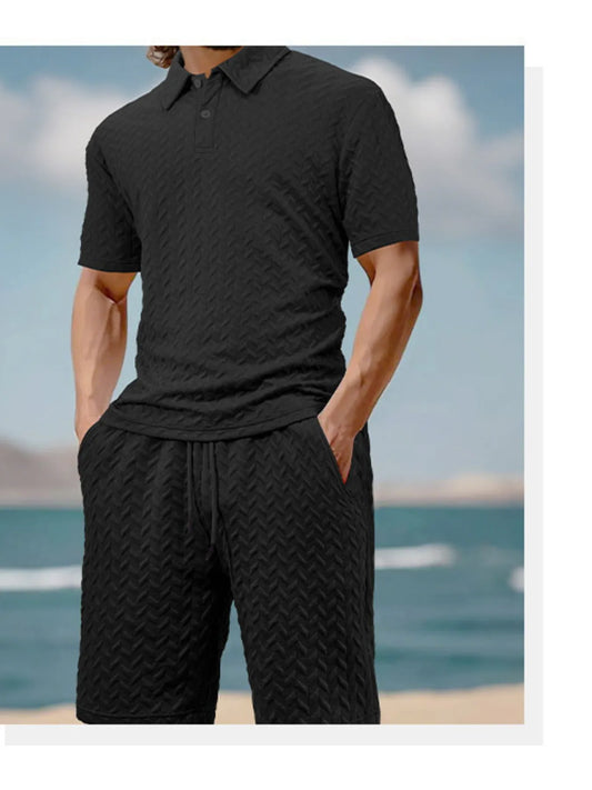 Men's Full Size Textured Polo Shirt and Shorts Set Plus Size Easy Apparels