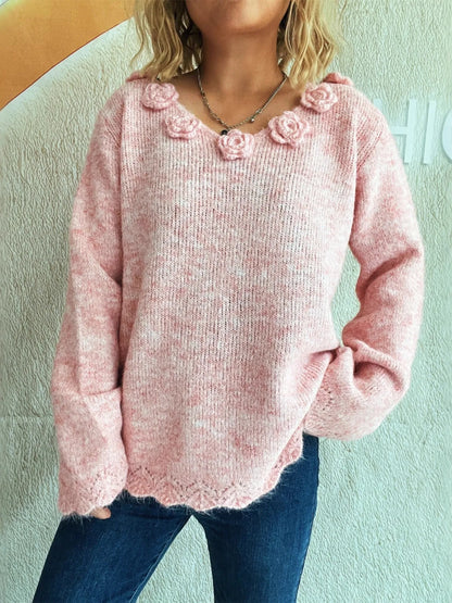 Trendsi Flower V-Neck Long Sleeve Sweater