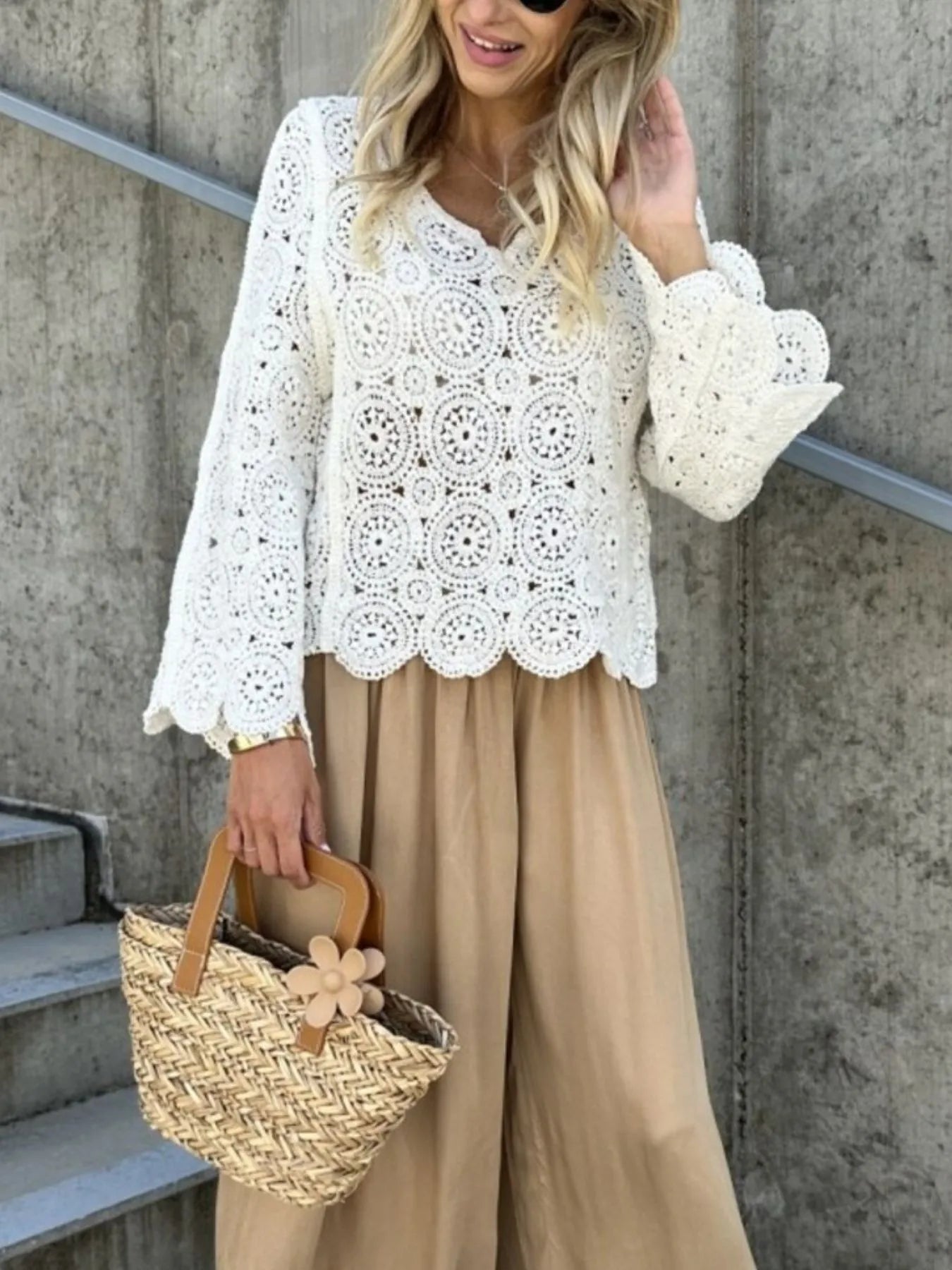 Trendsi Crochet Lace V-Neck Bell Sleeve Knit Top
