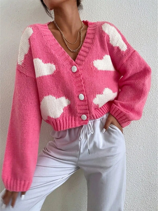 Contrast Cloud Pattern Cropped Button-Up Cardigan Deep Rose Easy Apparels
