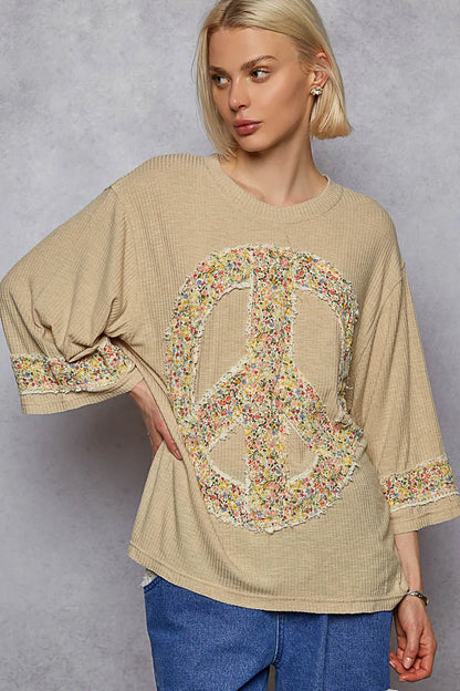Trendsi POL Floral Peace Patch Drop Shoulder T-Shirt