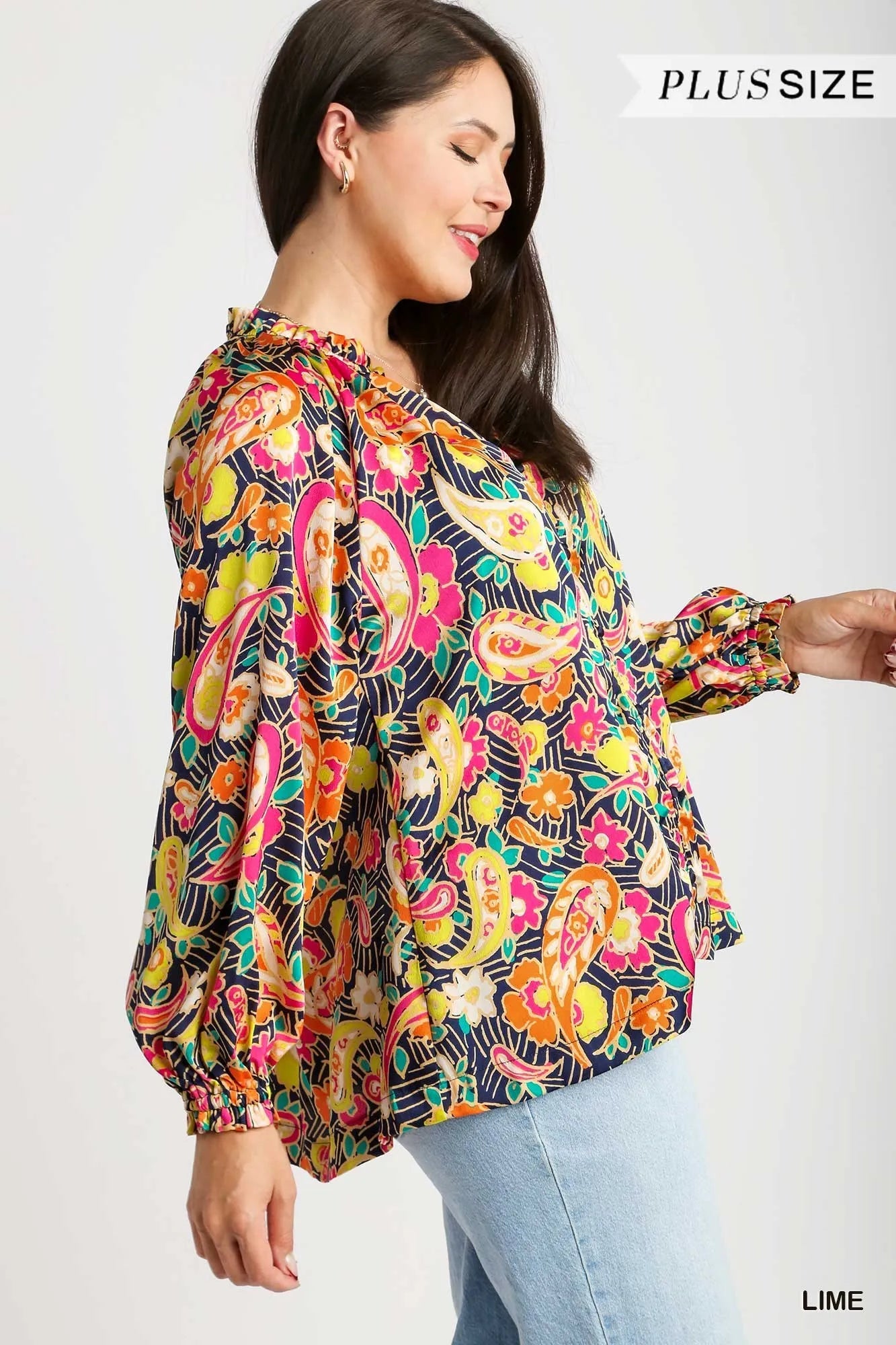 Trendsi Umgee Full Size Satin Paisley Ruffle Neck Button-Up Shirt Plus Size