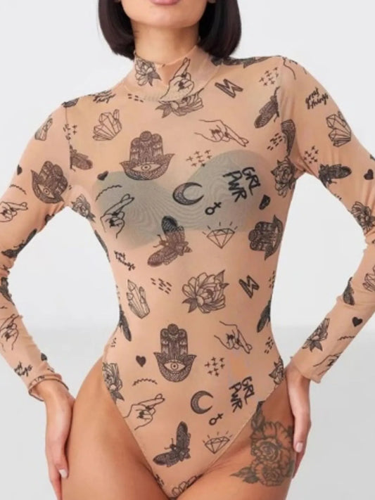 Trendsi Printed Mock Neck Long Sleeve Bodysuit
