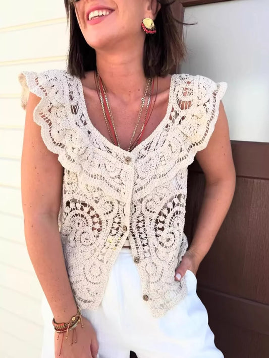 Crochet Lace Button Up Cardigan Beige One Size Easy Apparels