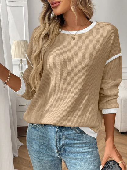 Trendsi Ribbed Contrast Trim Long Sleeve Top
