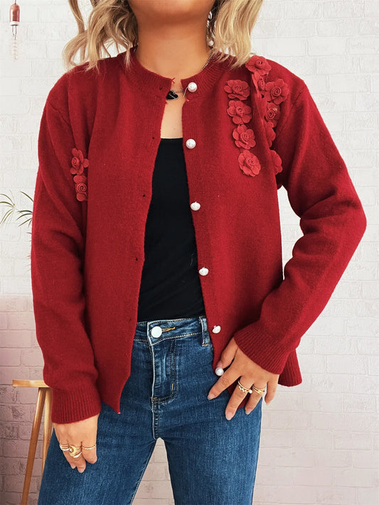 Flower Button Up Long Sleeve Cardigan Red One Size Easy Apparels
