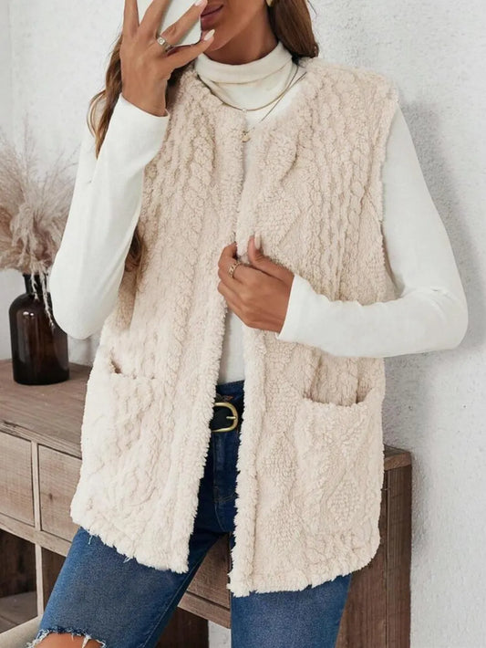 Fuzzy Open Front Vest with Pockets Dust Storm Easy Apparels