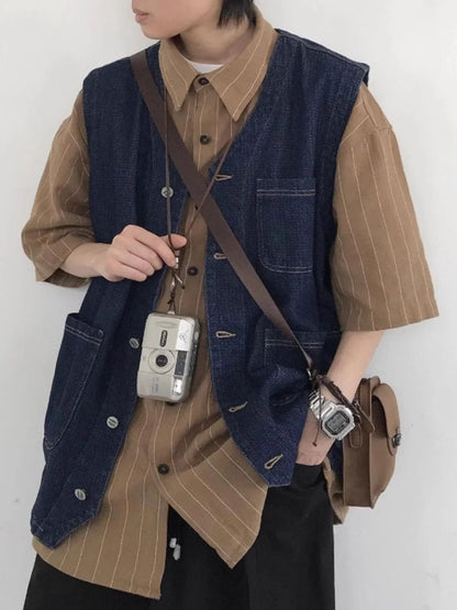 Men's Plus Size Button Up V-Neck Denim Vest Easy Apparels
