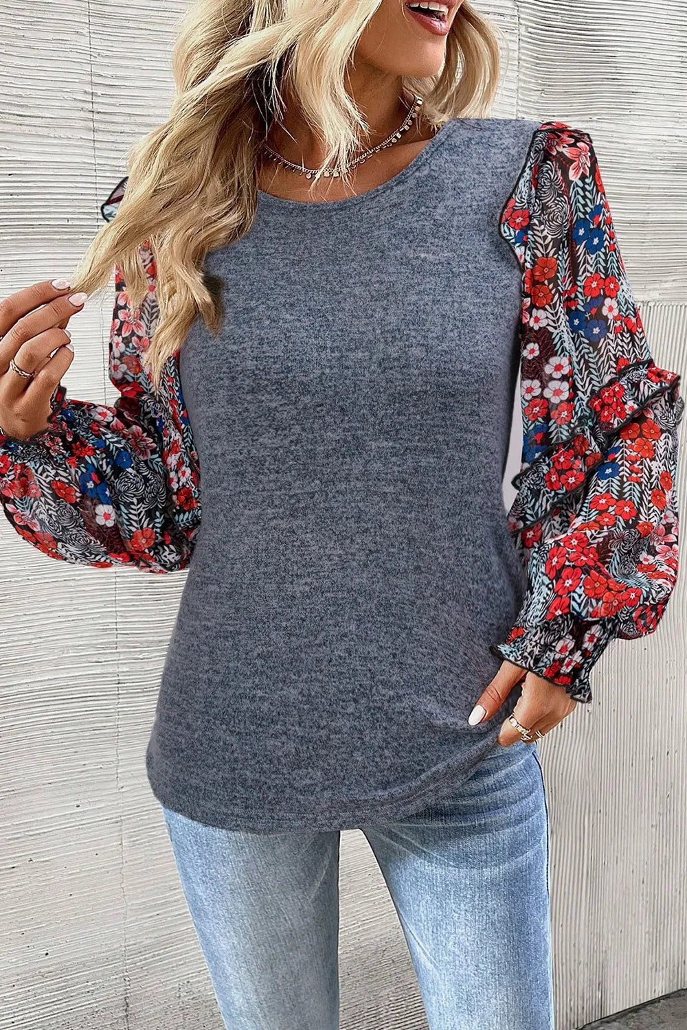 Trendsi Heathered Floral Frill Lantern Sleeve Blouse