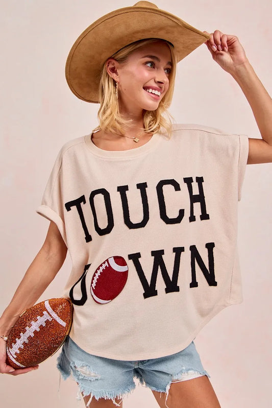 Trendsi BiBi Game Day Touchdown Letter Patches Waffle Short Top OATMEAL BLACK