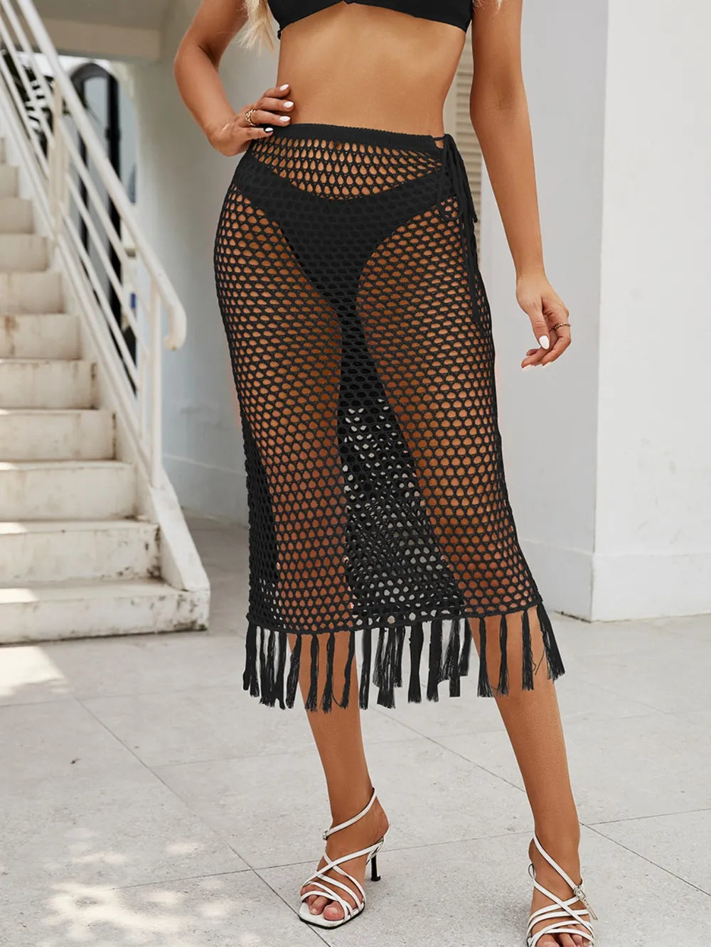 Fringe Openwork High Waist Swim Skirt Easy Apparels