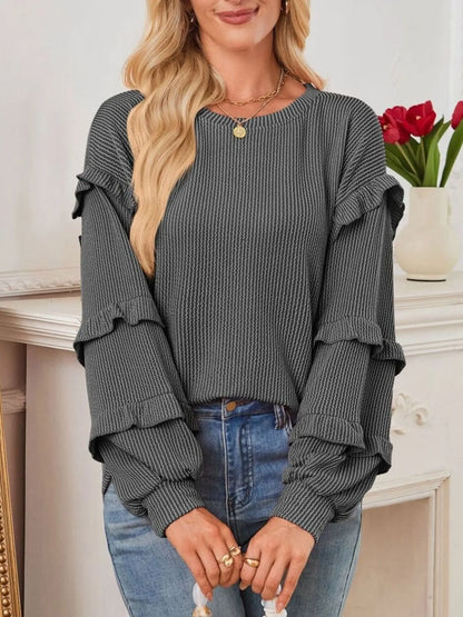 Trendsi Ruffled Round Neck Long Sleeve Sweatshirt