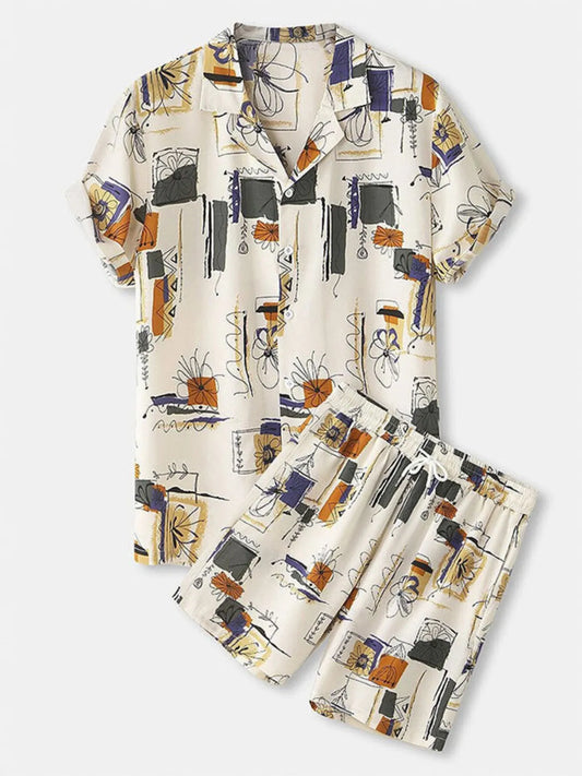 Men's Full Size Printed Button Up Shirt and Shorts Set Plus Size Khaki Easy Apparels